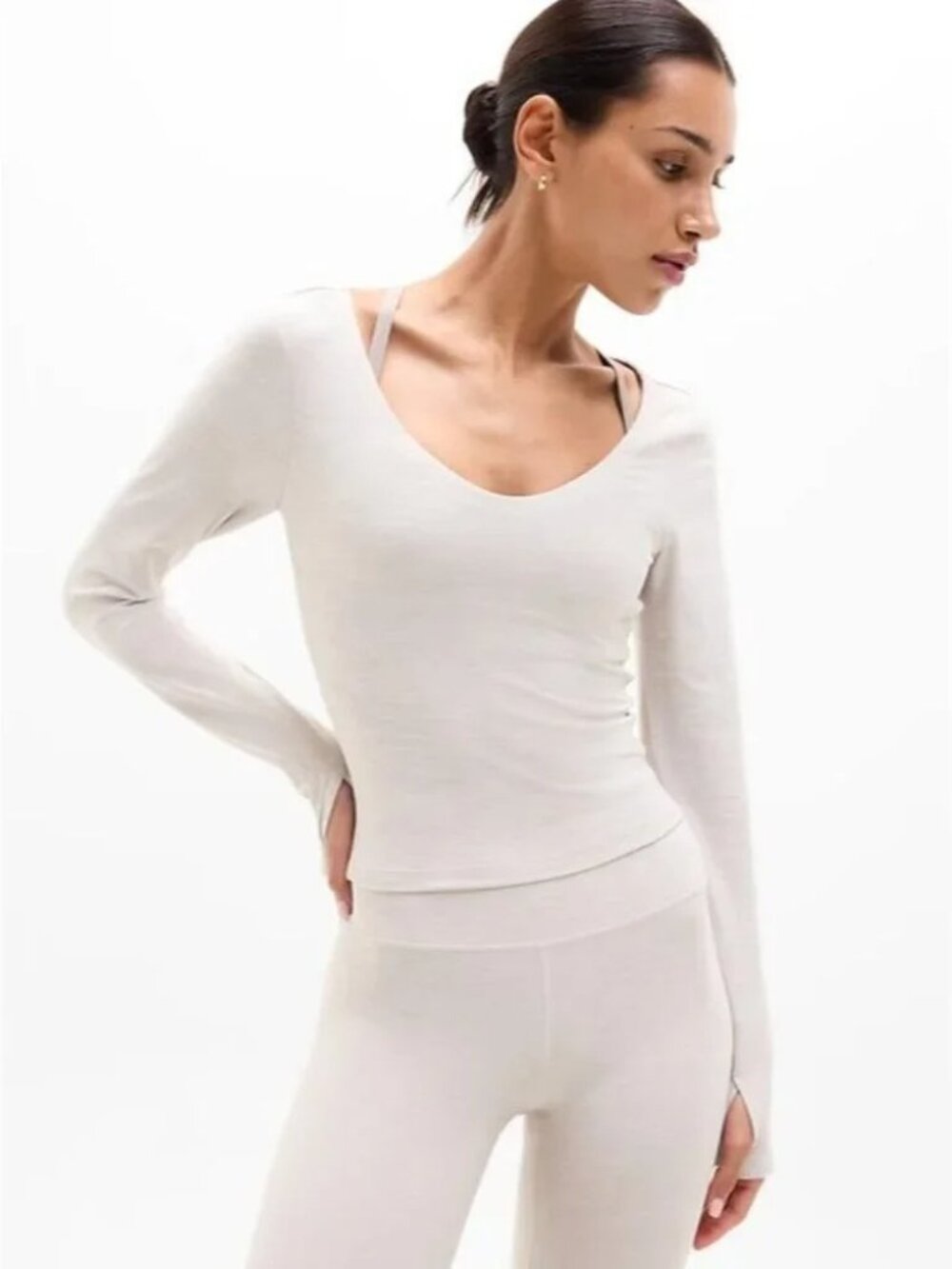 NWT Athleta Women's Softluxe Long Sleeve V-Neck Top Size S Heathered Cream Beige